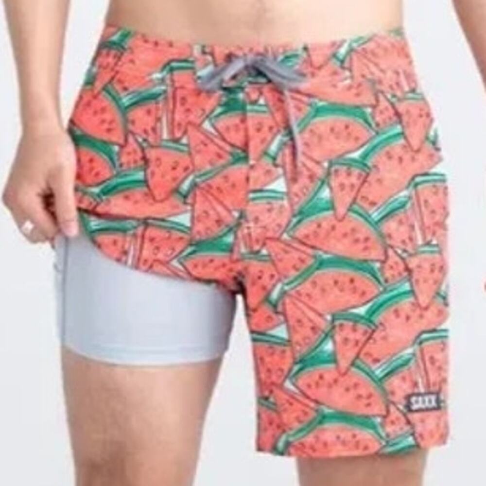 SAXX Swim Trunks Red Green Watermelon Print Betawave 2N1 Cooling Liner 36 NWT